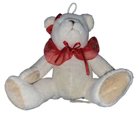 Teddy Bear 7 inch Plush White Red Bow Collar Hanging Stuffed Animal Toy - Picture 3 of 4
